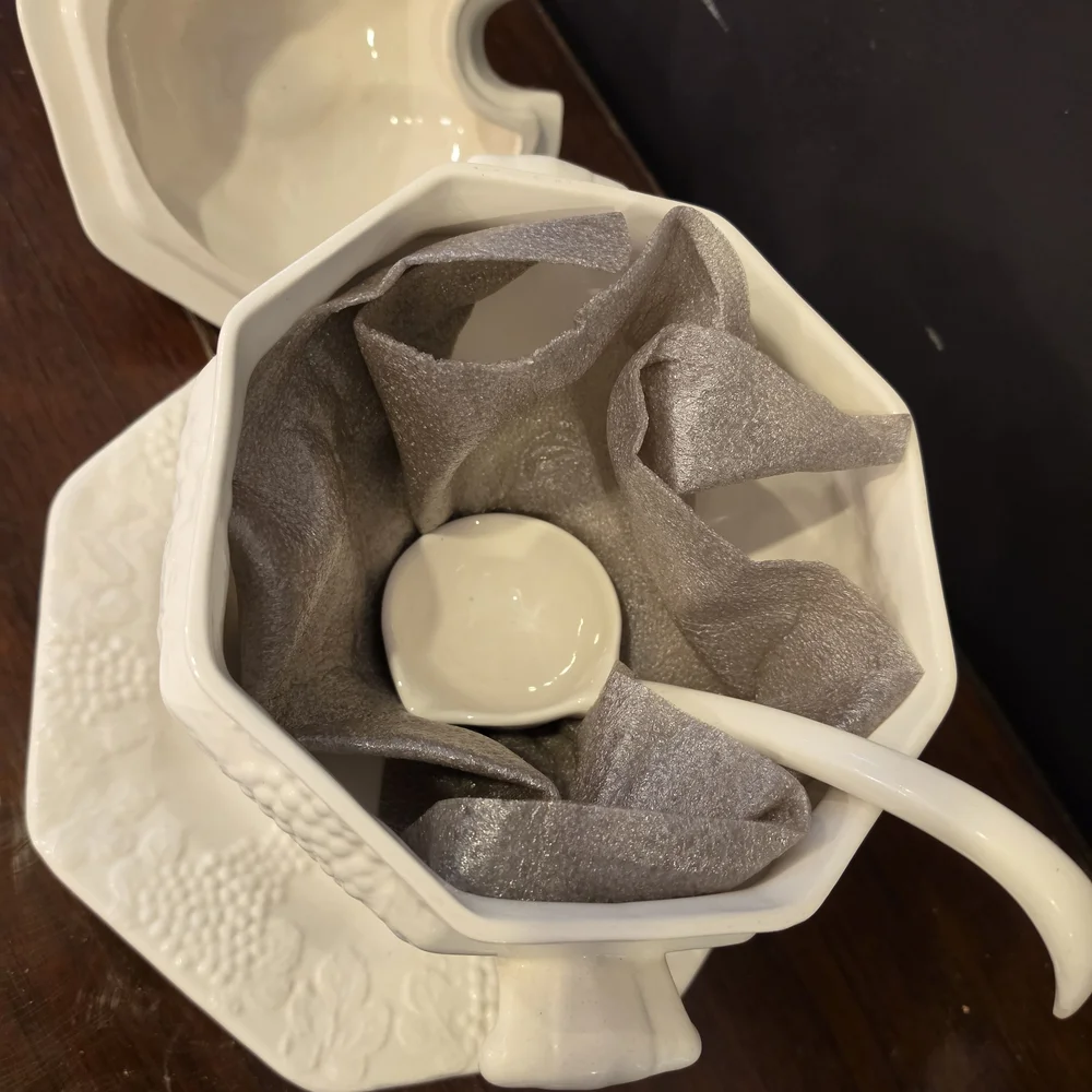 Large California Pottery Grapevine Soup Tureen Cream Ladle & Underplate Vintage